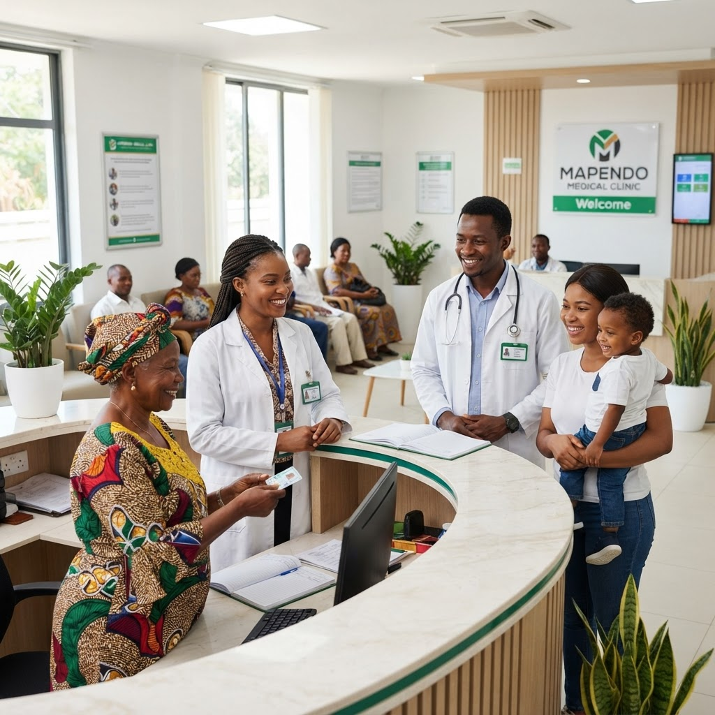 African healthcare team welcoming patients at Hope Health Clinic reception